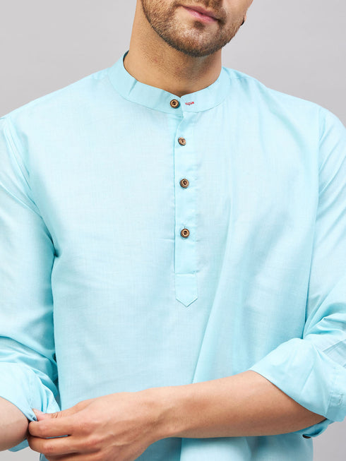 Vastramay Men's Aqua Short Cotton Kurta